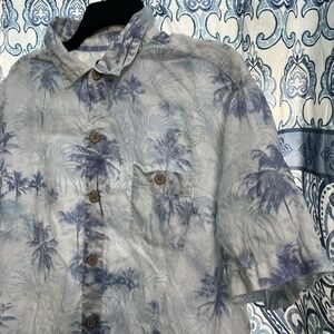 Tommy Bahama Button Up Linen Shirt Mens Size Large Blue Palm Trees Pocket